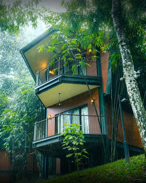 A multi-story building with balconies, surrounded by dense foliage.