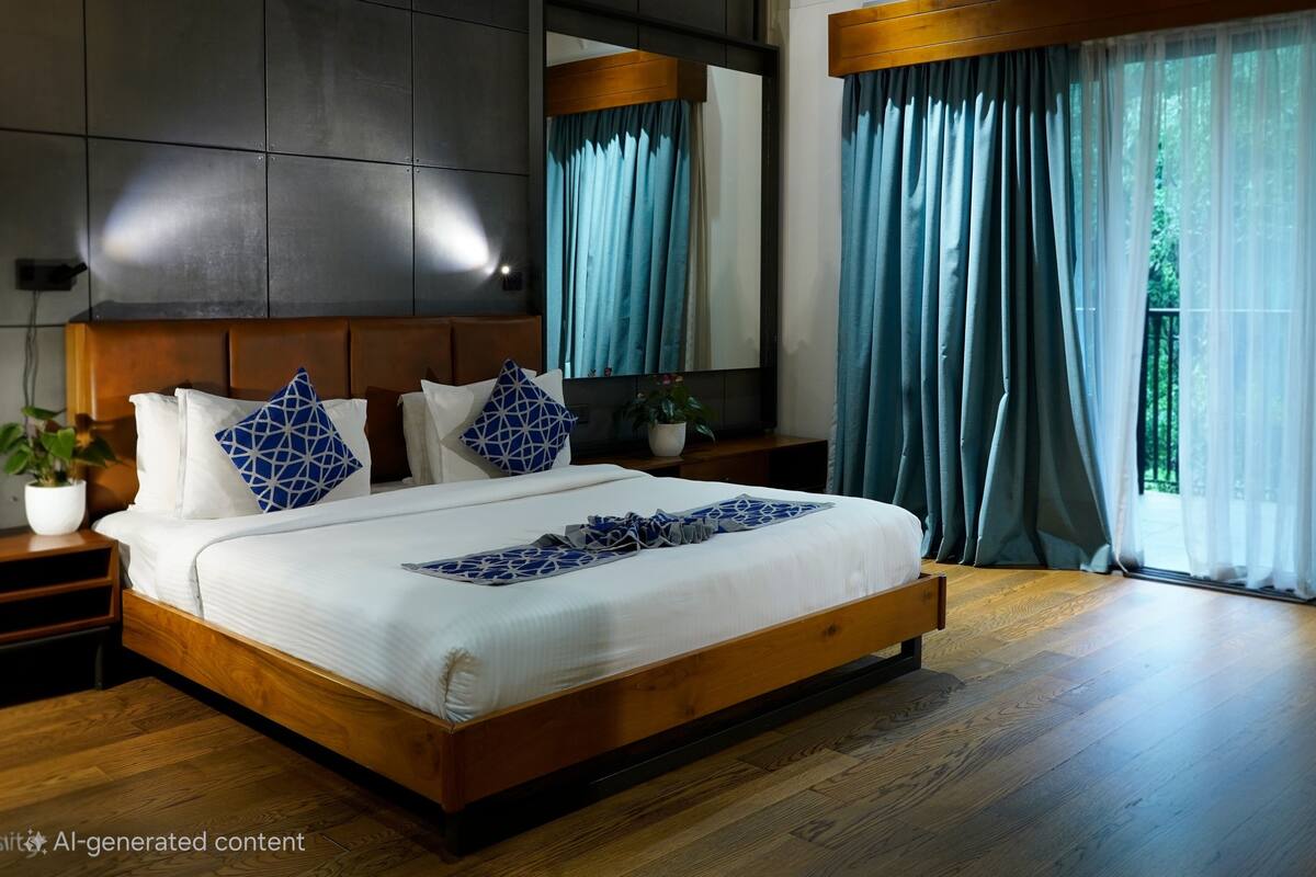 A modern bedroom with a large bed, wooden headboard, and a potted plant.
