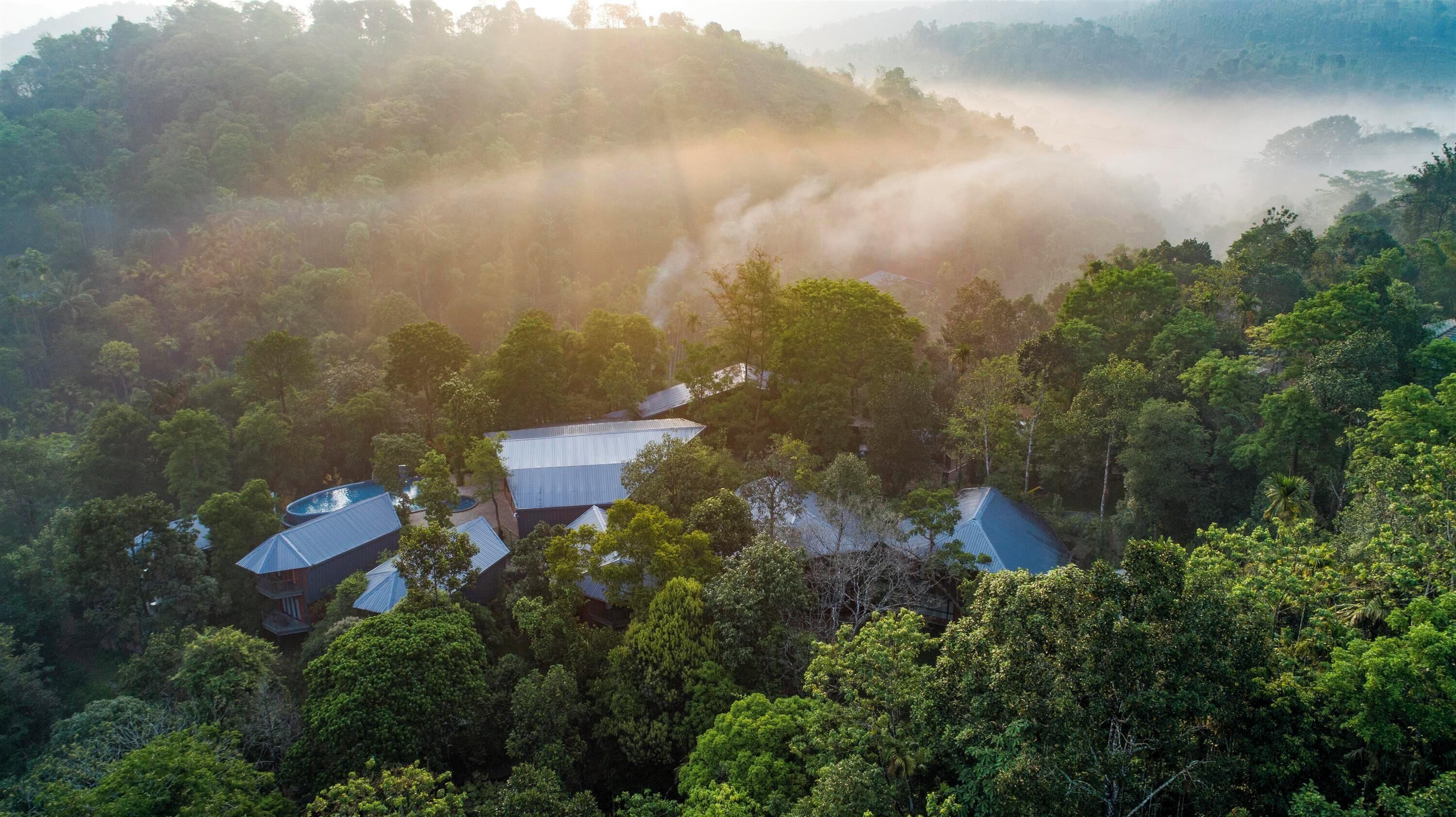 A remote, forested area with several buildings, likely a resort or lodge, surrounded by dense trees and mist.