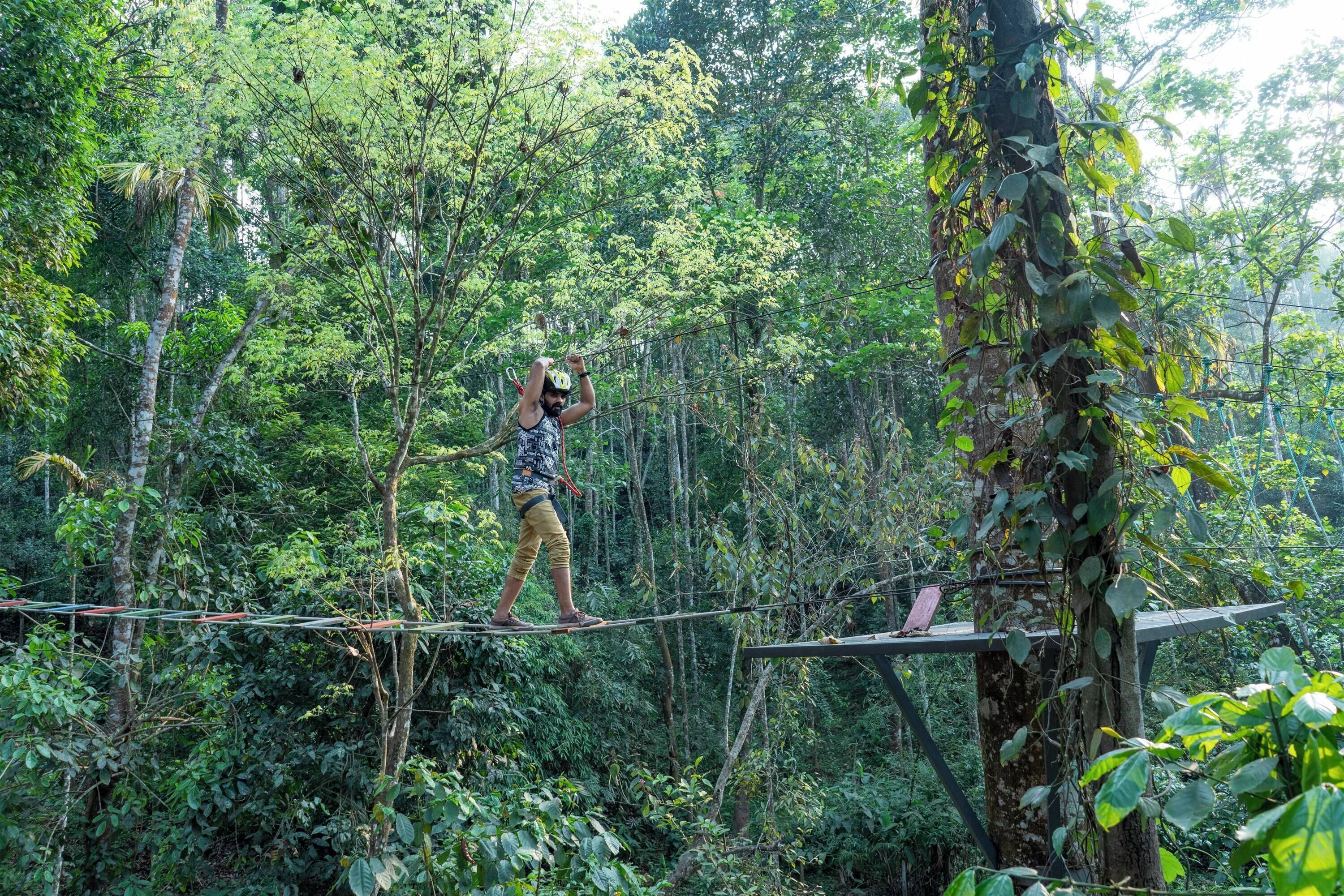 A person walking on a suspended bridge in a forested area.