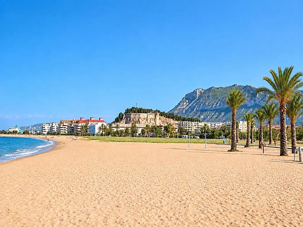 A beach with a mountain in the background, palm trees, and buildings along the shore.