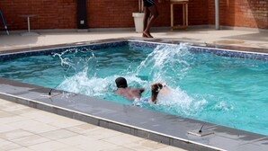 Una piscina con borde de azulejos y una persona nadando.