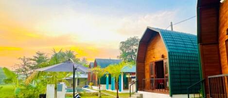 A resort with wooden cabins and lounge chairs on a grassy lawn.