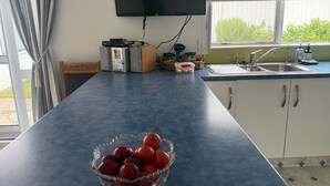 Eine Küche mit blauer Arbeitsplatte, einer Tomatenschüssel, einem an der Wand montierten Fernseher und einem Fenster mit Blick auf Grünflächen.