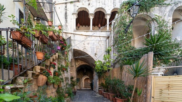 Une ruelle étroite aux murs de pierre, ornée de plantes en pot et fermée par un portail en bois.