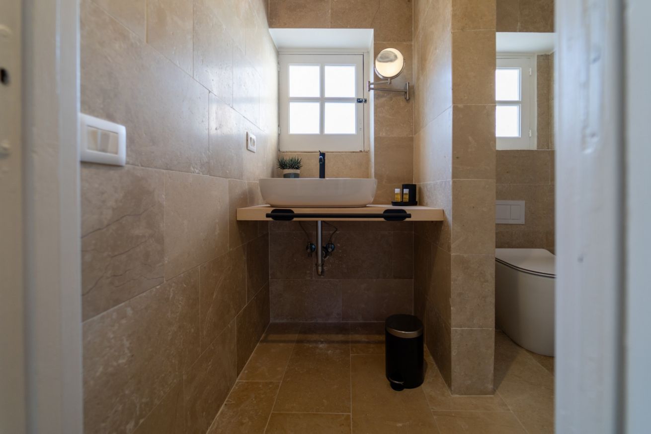 A bathroom with a vessel sink, a mirror, a potted plant, and a trash bin.