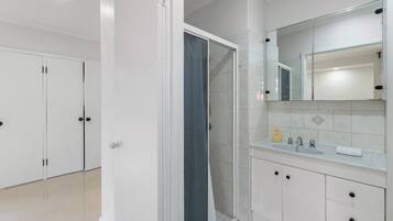 Hair dryer, towels, soap, shampoo