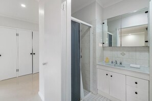 Hair dryer, towels, soap, shampoo