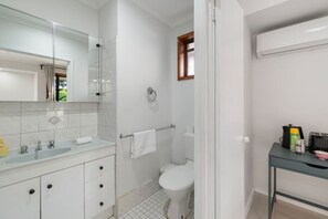 Hair dryer, towels, soap, shampoo