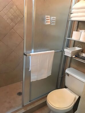 Hair dryer, towels, soap, shampoo