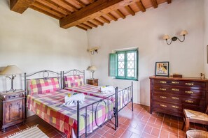 A bedroom with a bed, bedside tables, a dresser, and a window.