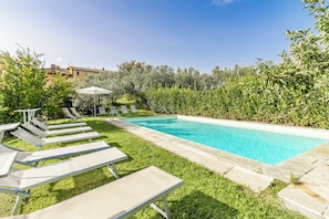 A swimming pool with lounge chairs and a grassy area. - Villa Salivolpe Amazing Chianti View (San Casciano in Val di Pesa)