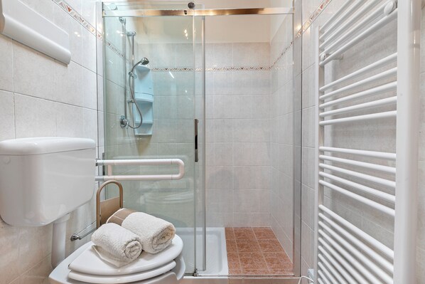 Une salle de bain moderne avec une douche à parois de verre, des toilettes dotées d’un porte-serviettes et un radiateur blanc.