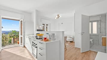 Family Apartment, 2 Bedrooms, Balcony, Mountainside (Quadrifoglio Stresa Hill with A/C and) | Private kitchen | Fridge, microwave, oven, stovetop