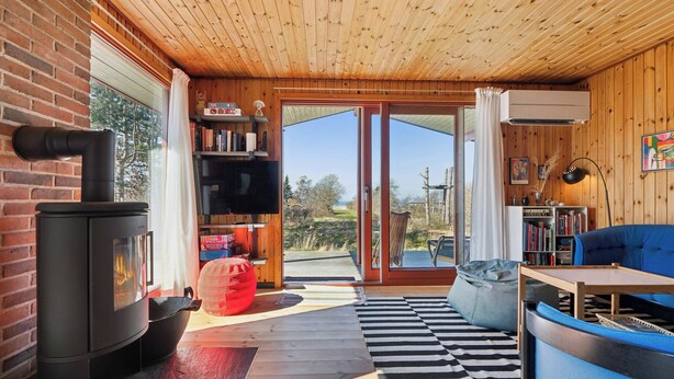 A cozy room with a fireplace, a blue sofa, a bookshelf, and a large window. - Cozy cottage with a beautiful view. (Tranekær)