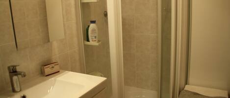A bathroom with a white sink, a glass shower enclosure, and a towel rack.