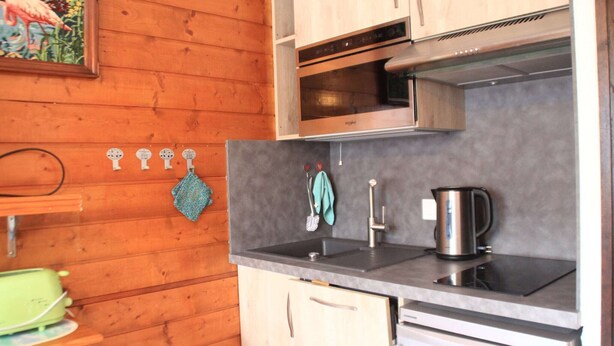 A compact kitchen with wooden walls, a sink, a stove, and a kettle. - Studio in Portes du Soleil near Gondola (Châtel)