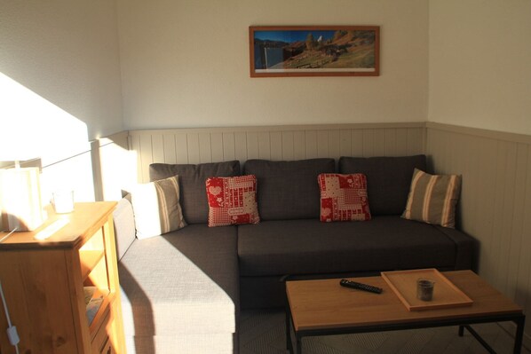 A living room with a sofa, a coffee table, a remote control, and a painting on the wall. - Alpage apartment for 4 people (Châtel)