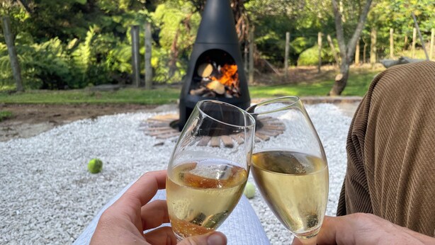 Two people holding wine glasses in a garden with a fire pit in the background.