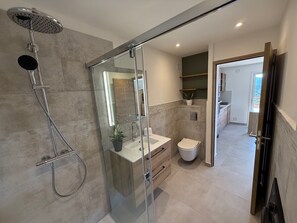 Shower, hair dryer, towels