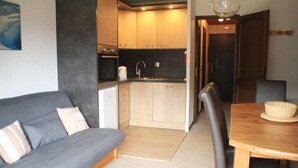 A compact living space with a kitchenette, a dining area, and a sofa.