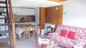 Un salon chaleureux avec un canapé à motifs, une table à manger avec des chaises et un coin cuisine doté de meubles en bois et d’un radiateur.