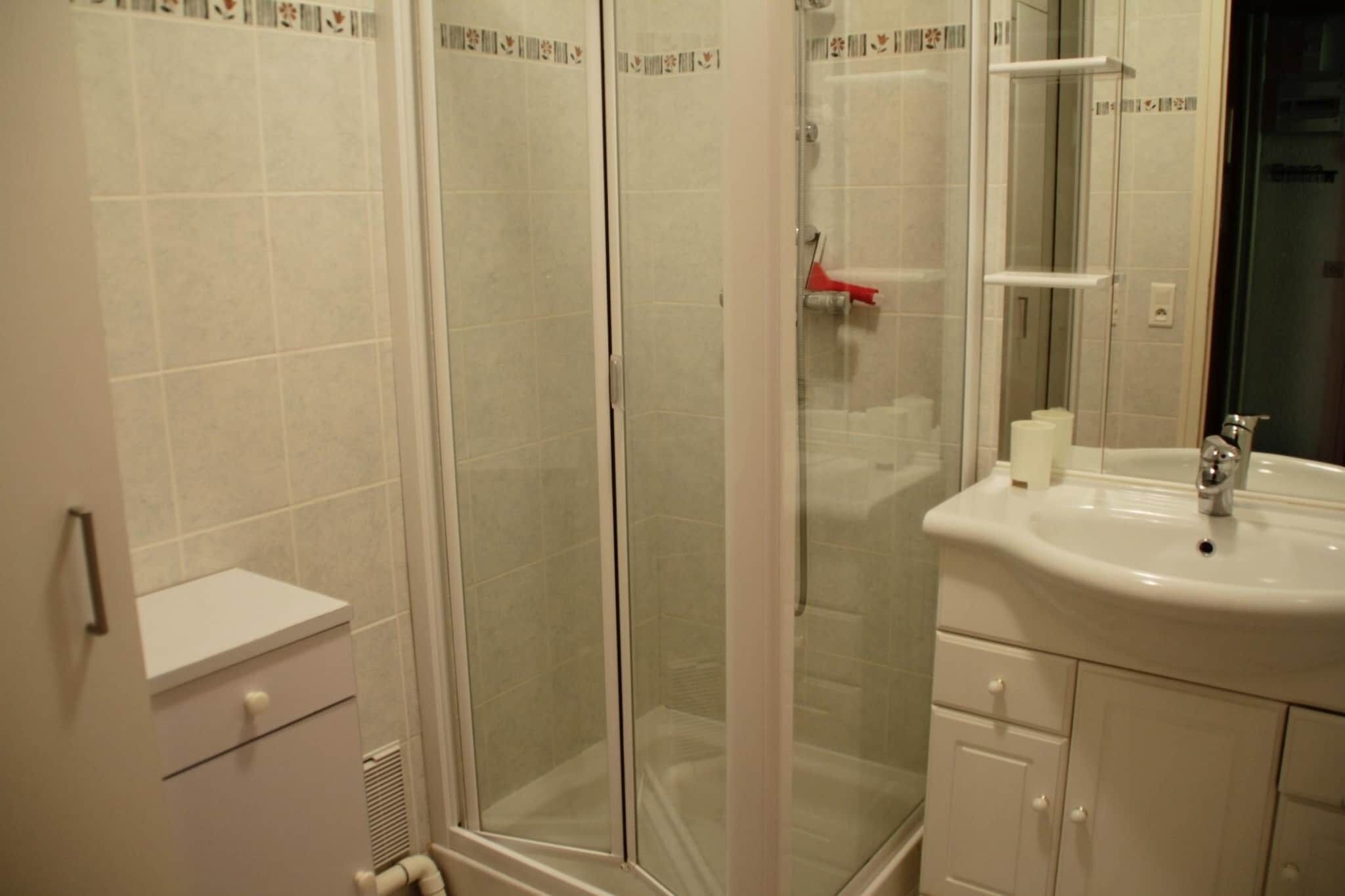 Et badeværelse med brusekabine i glas, vask med spejl og toilet.