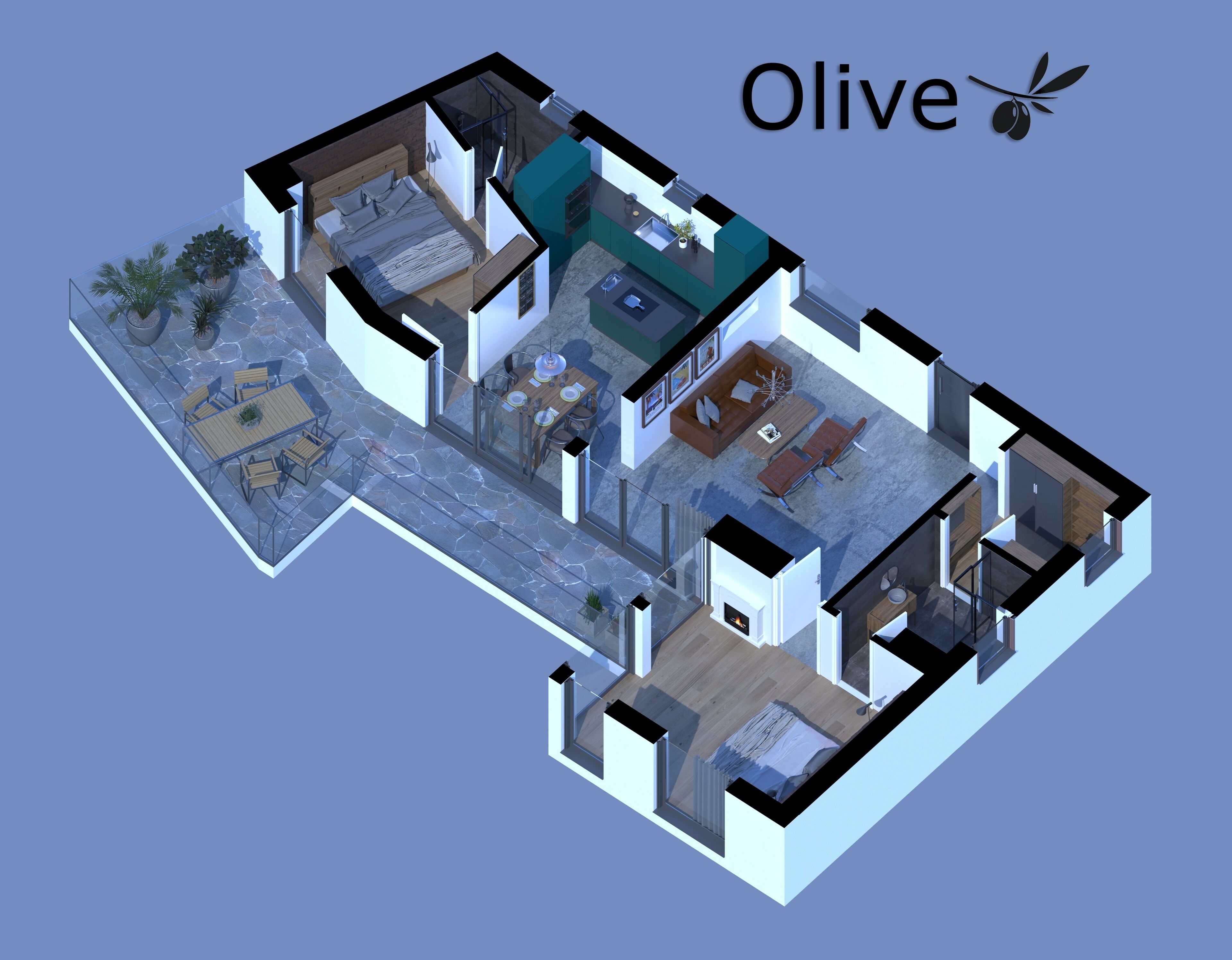A 3D floor plan of a modern apartment with a kitchen, dining area, living room, and a balcony.
