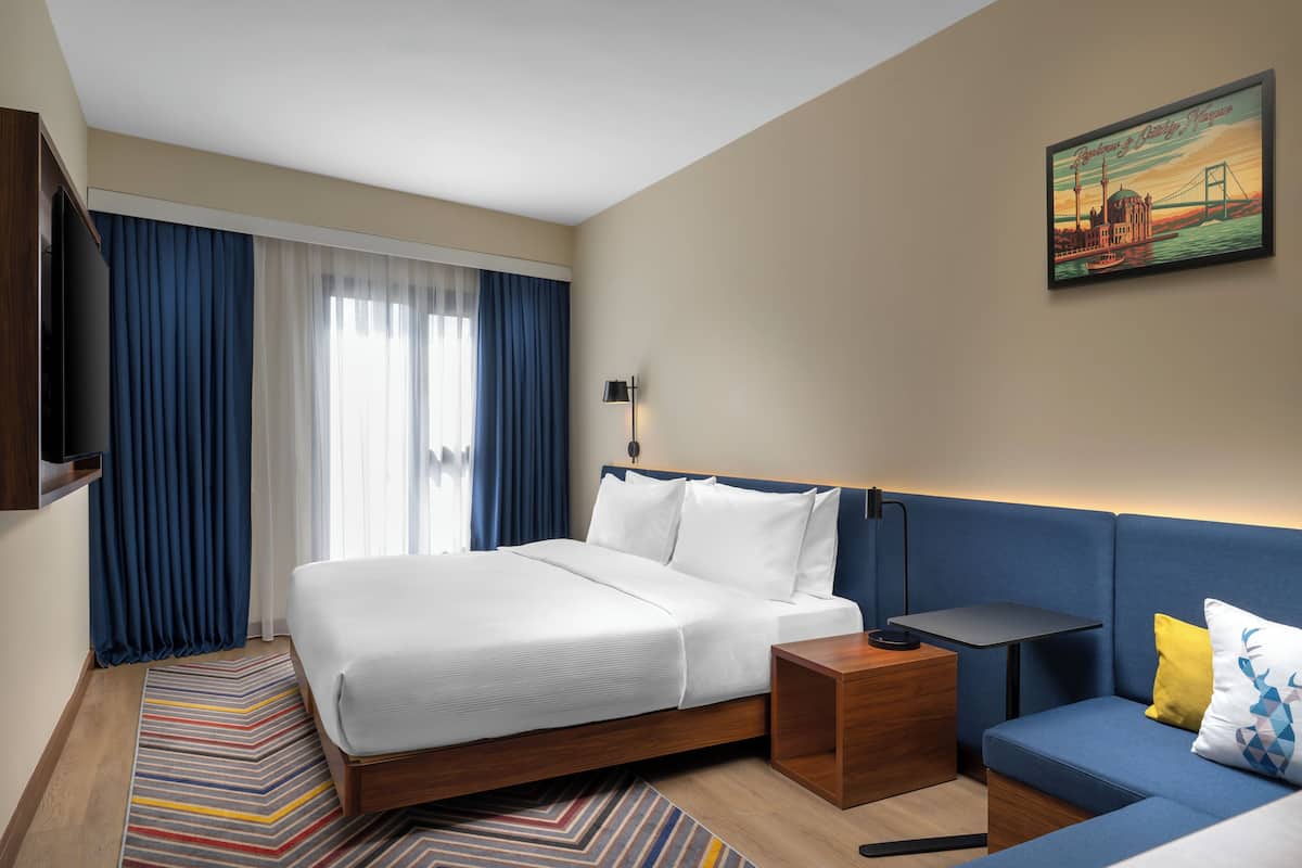 Una habitación de hotel con una cama, un sofá, un televisor, una lámpara y un cuadro en la pared.