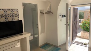 A modern bathroom with a shower, a toilet, and a sink. There is a television on a stand and a door leading to an outdoor area.