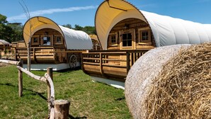A row of covered wooden structures with windows and a wooden fence in the foreground. - O'tel Park (Le Bernard)
