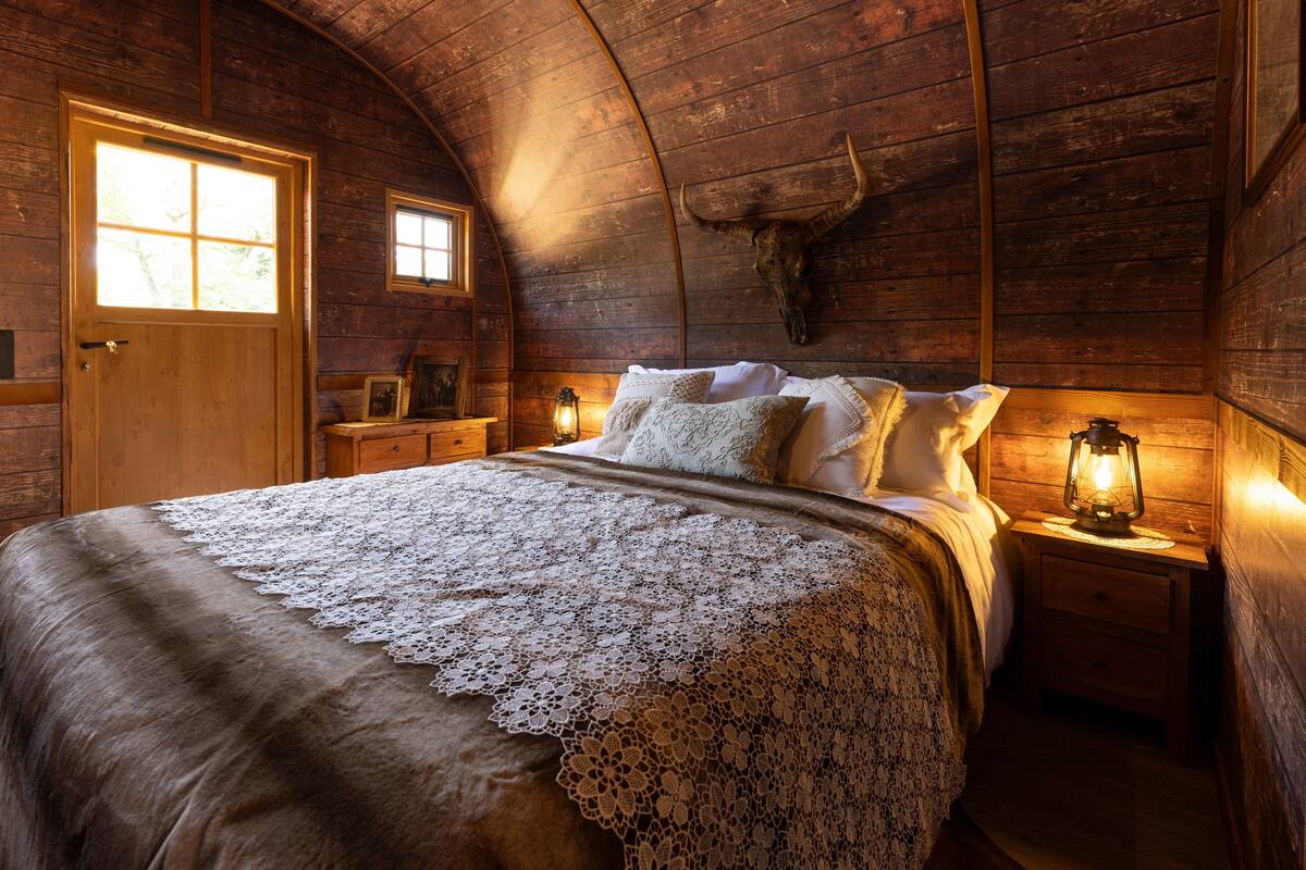 A cozy wooden room with a bed, a wooden door, a window, and a wall-mounted cow skull.