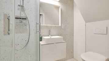 Shower, hair dryer, towels, shampoo