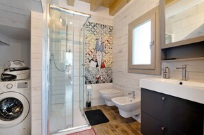 Shower, hair dryer, bidet, towels