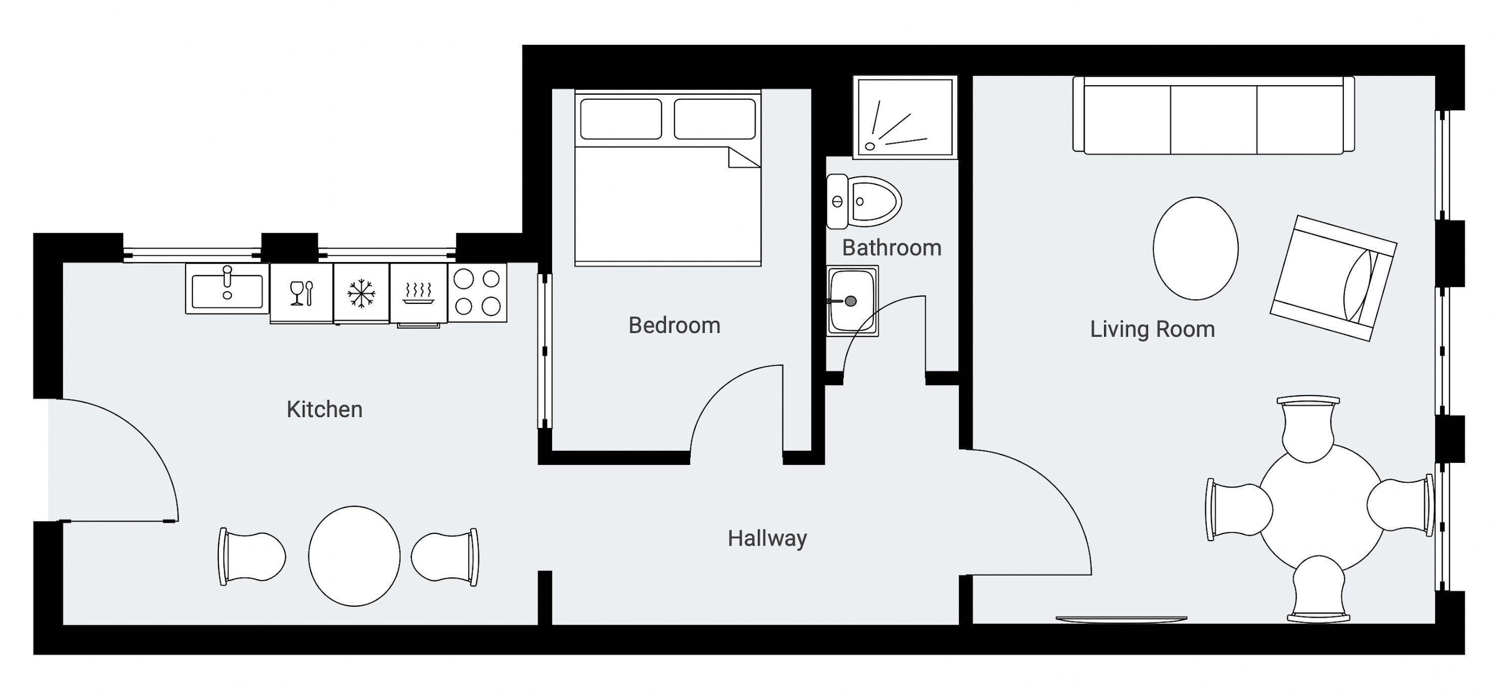 A floor plan with a kitchen, bedroom, bathroom, living room, and hallway.