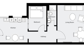 A floor plan with a kitchen, bedroom, bathroom, living room, and hallway.
