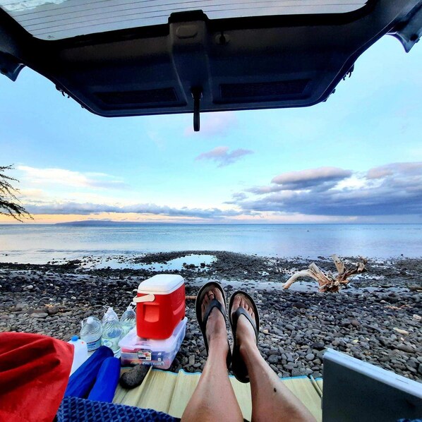 On the beach, sun-loungers, beach towels