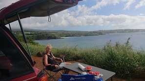 Una persona sentada a una mesa con una sandía, un coche y una vista panorámica de un lago y un bosque.