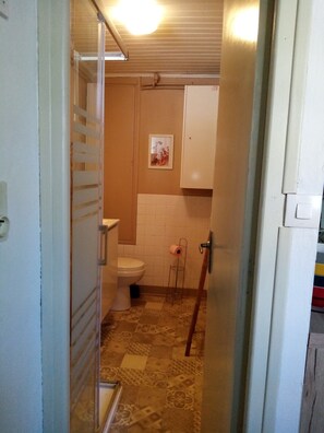Shower, hair dryer, towels, toilet paper