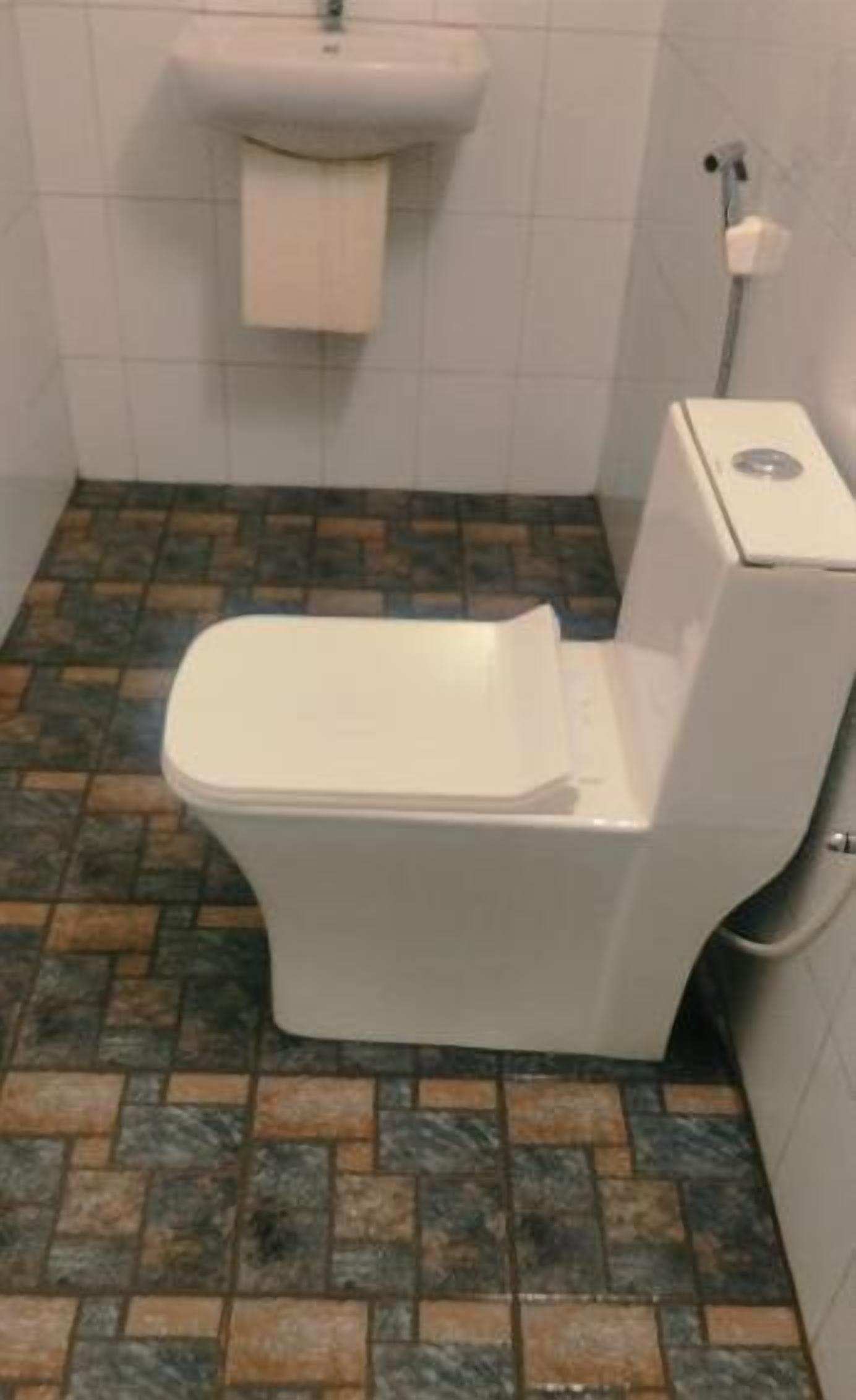 Ett badrum med toalett, handfat och ett kaklat golv.