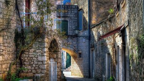 A narrow stone alleyway with an arched passageway, stone walls, and a metal gate. - Comfortable apartment in Stari Grad (Stari Grad)