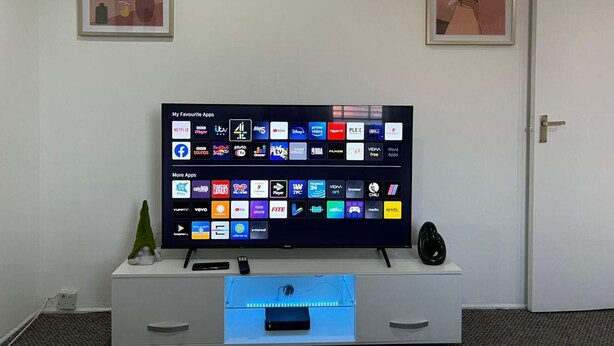 A television displaying a variety of app icons, a small green plant, and a remote control on a white entertainment unit. - Edgbaston Birmingham Apartment (Birmingham)