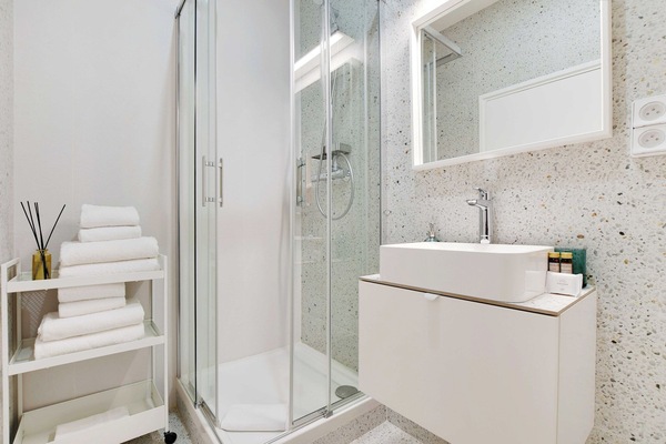 Shower, hair dryer, towels