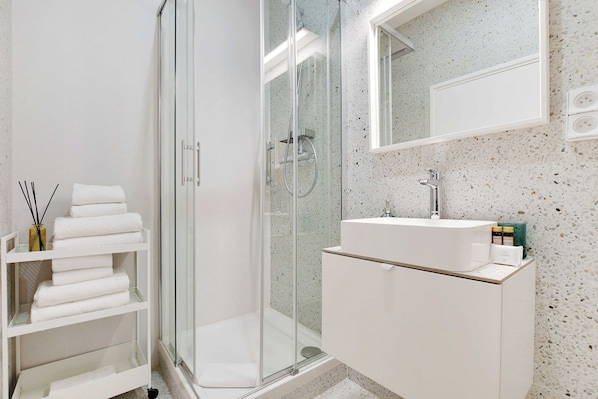 Shower, hair dryer, towels