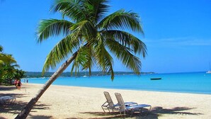 A beach with a palm tree, two lounge chairs, and a clear blue sky. - Hospitality Expert - Little Waters Villa Negril (Negril)