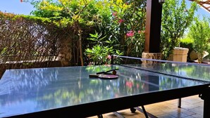 An outdoor ping pong table with a net, surrounded by lush greenery and a stone pillar. - Cool 3-bedroom house with AC in charming Praputnjak (Hreljin)