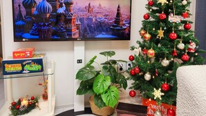 Ein Wohnzimmer mit einem Flachbildfernseher, der eine Stadtansicht zeigt, einem Weihnachtsbaum mit Schmuck, einer Topfpflanze und einem kleinen Kamin.