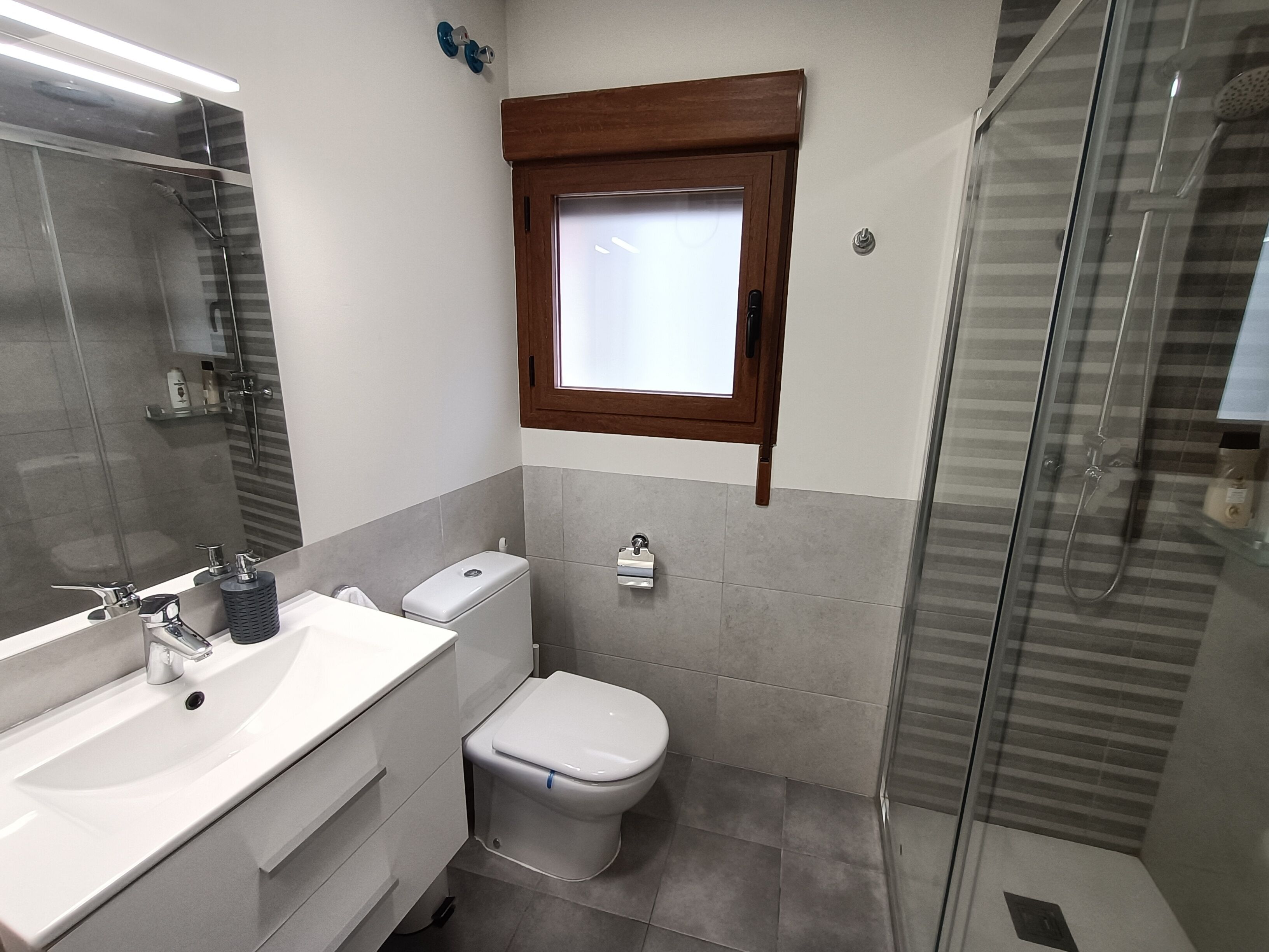 Une salle de bain moderne avec une douche à parois de verre, des toilettes et un lavabo avec un miroir.