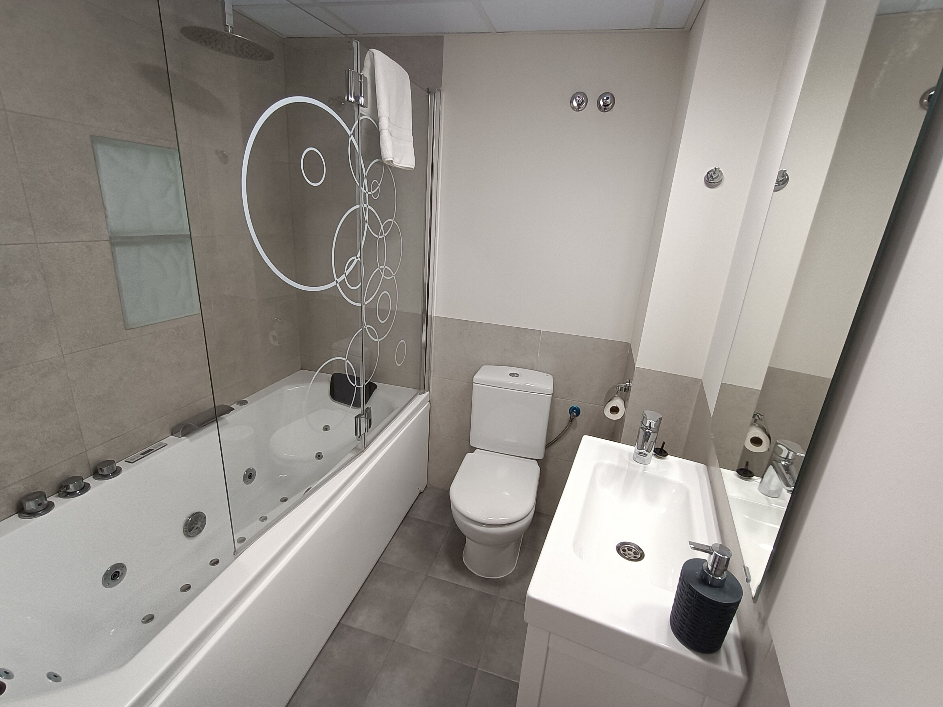 Une salle de bain moderne avec une douche à parois de verre, des toilettes blanches et un lavabo avec un miroir.