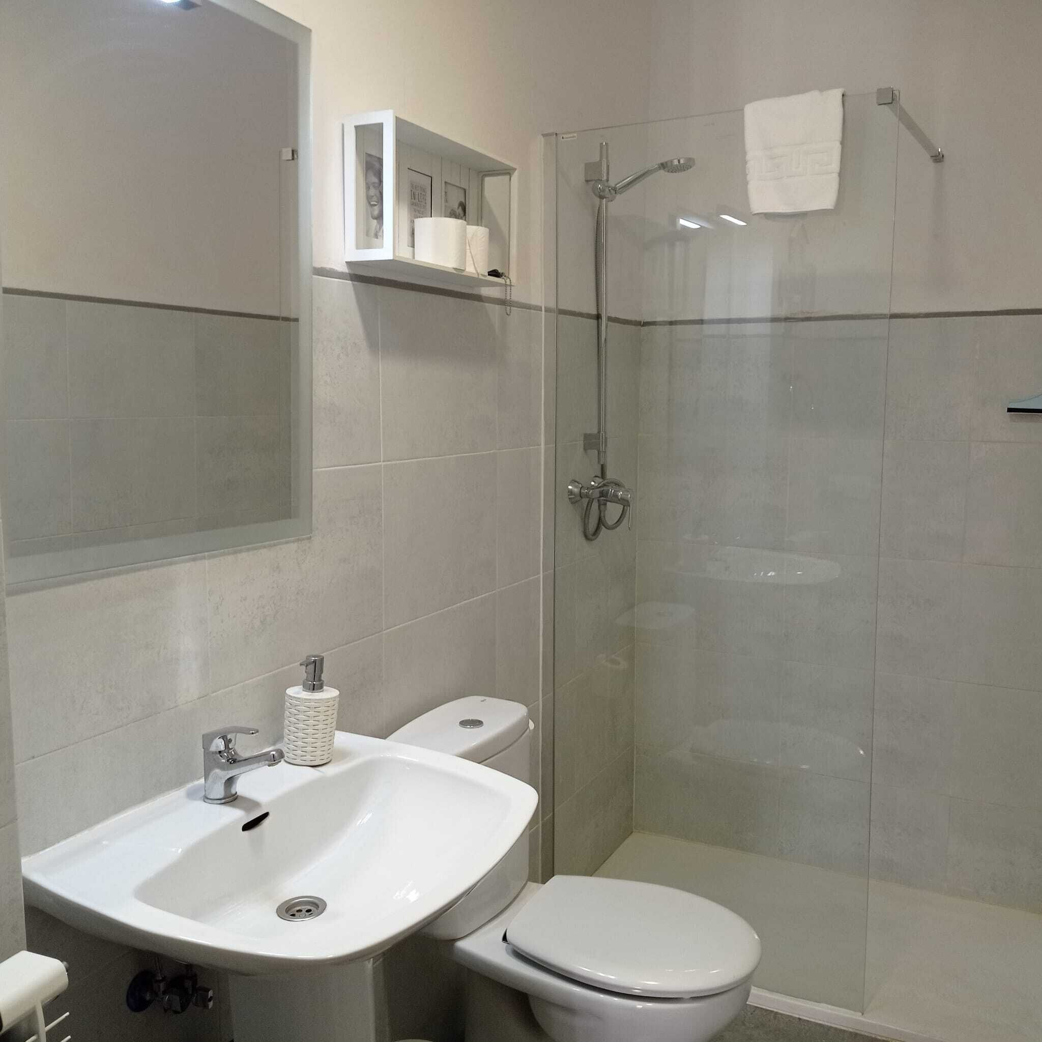 Un baño moderno con ducha de vidrio, lavamanos blanco y un inodoro.